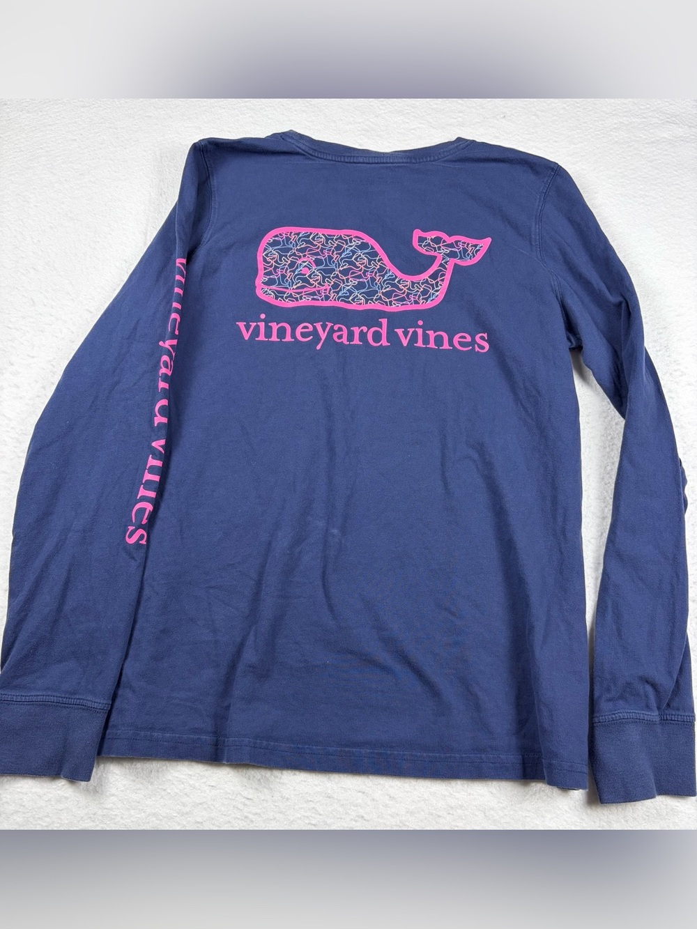 Vineyard Vines Navy Long Sleeve Shirt with Pink‎ Logo and Sleeve Text